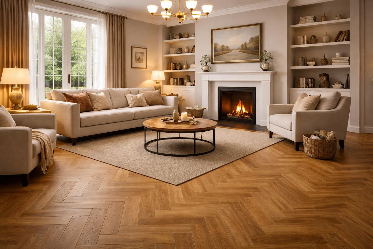 Herringbone laminate flooring in Brixton home